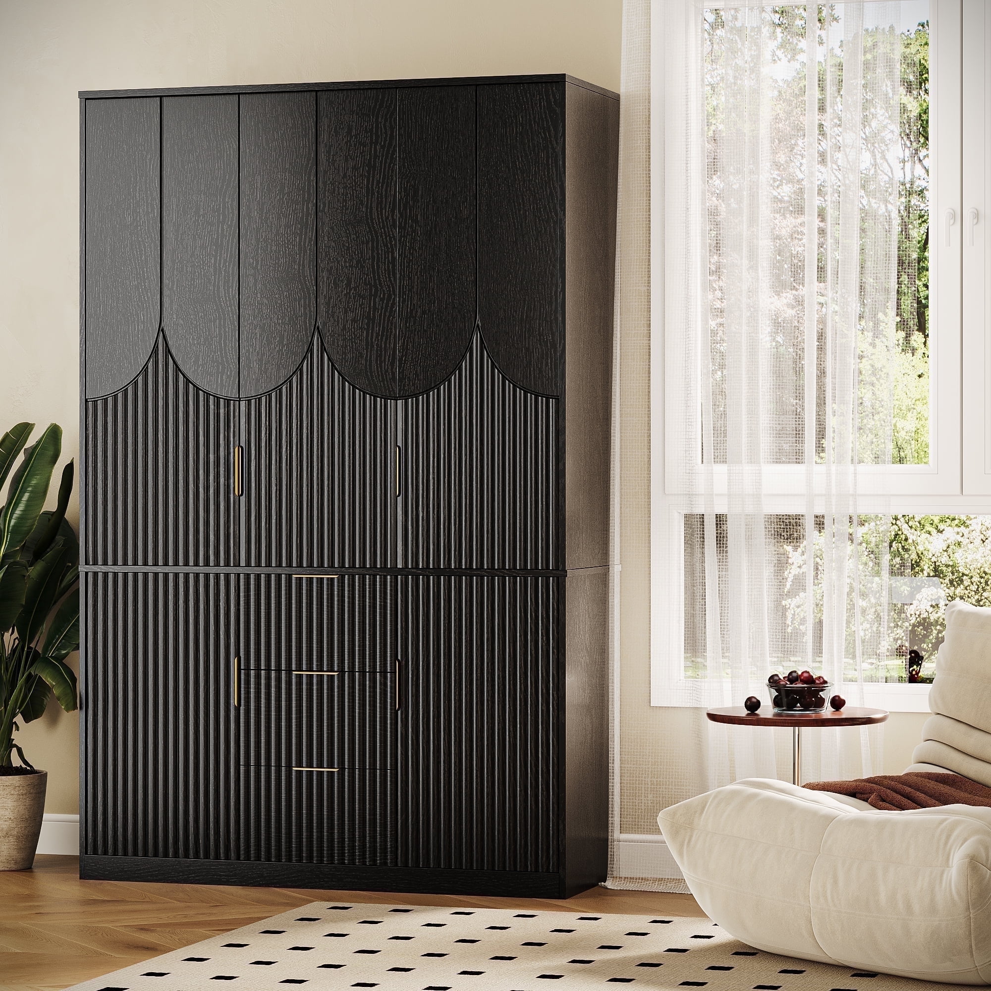 UGTOO 47.2" Wardrobe Closet with 3 Hanging Rods, 3 Drawers & 2 Cabinets - Modern Wooden Storage Armoire for Bedroom, Black