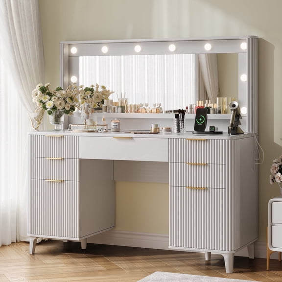 UGTOO White Makeup Vanity Desk with Lighted Mirror & Charging Station, Vanity Table with 5 Drawers & 2 Cabinets, 3 Lighting Modes, P2 Wood Bedroom Furniture