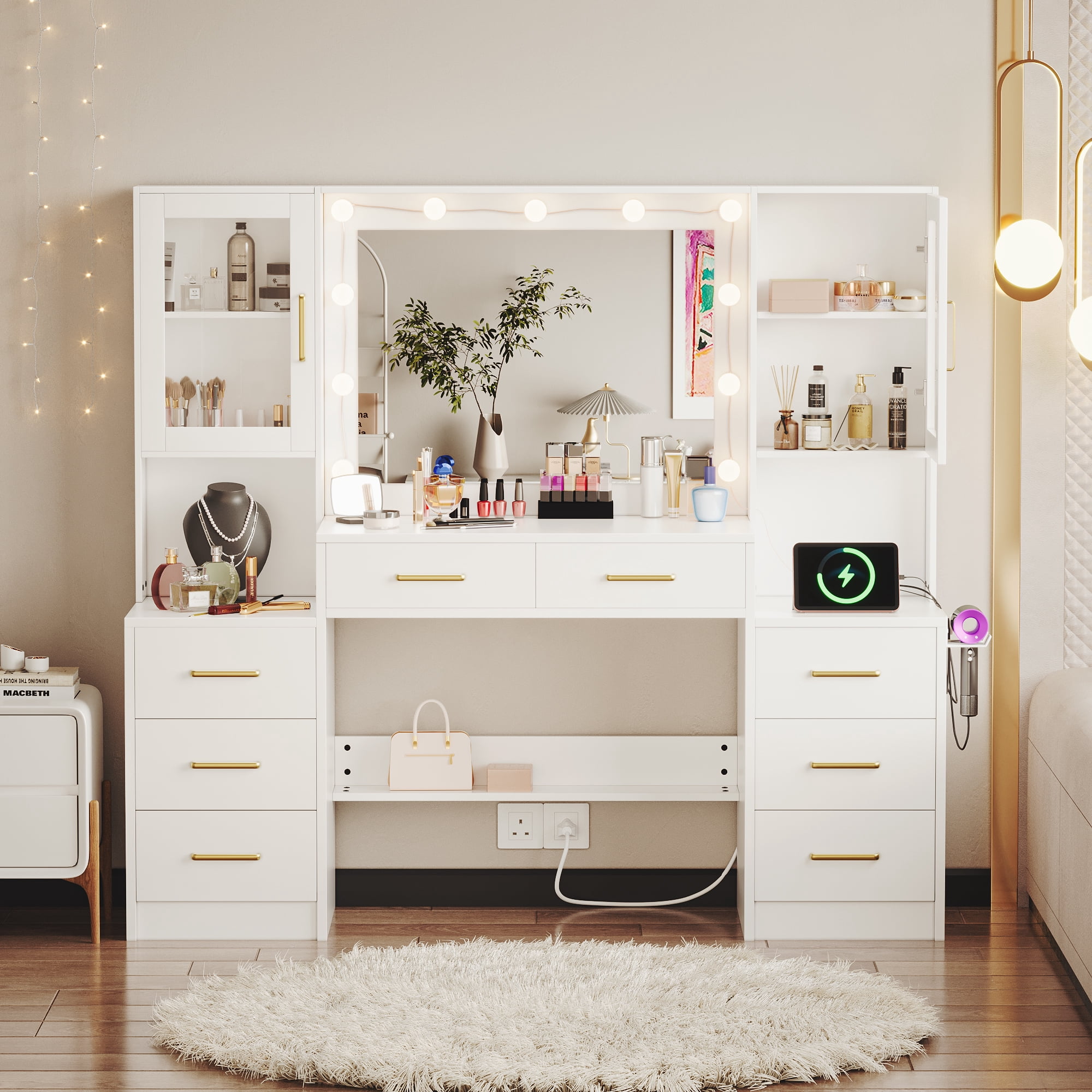 UGTOO White Modern Vanity Set – 8-Drawer Dresser with LED Mirror & Charging Station (58.27"L x 15.75"W)