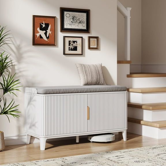 UGTOO White Storage Bench with Cushioned Seat & Gold Handles, Adjustable Shelves, 5 Sturdy Legs, Easy Assembly for Entryway/Bedroom (39.3"L x 21"H)