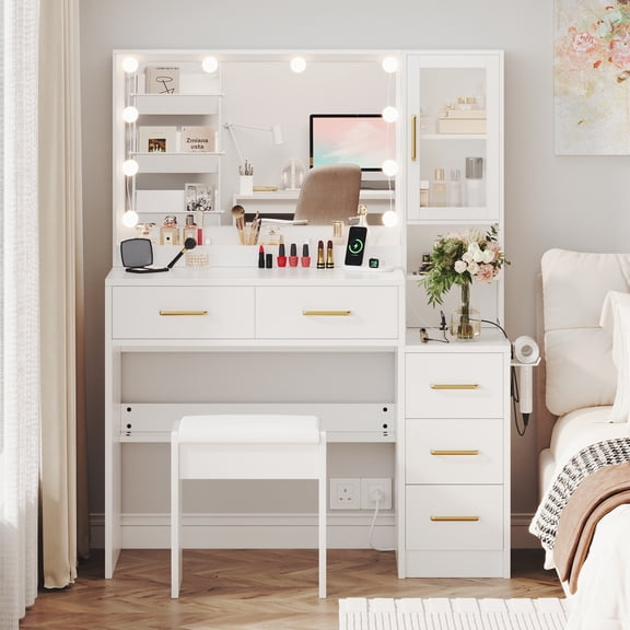 UGTOO White Vanity Desk with Lighted Mirror and Stool Set, Small Makeup Table with Charging Station & Gold Handles, 5 Drawers & Acrylic Cabinet Door, Modern Bedroom Dressing Table