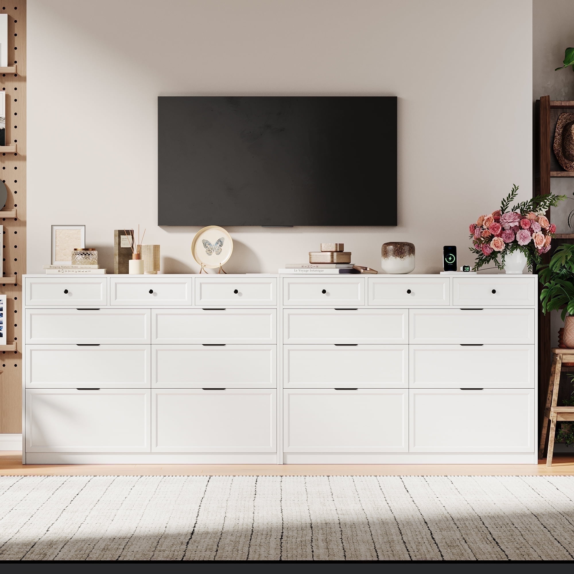 [Clearance] UGTOO 50.78" White Sturdy Wooden Vanity Multi-Functional Cabinet - 7-Drawer Storage with Charging Station & 2 Drop-Down Doors Clothes Dresser,Durable & Stylish Stand for Bedroom