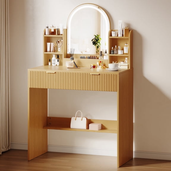 UGTOO Wood Vanity Desk with Lighted Arched Mirror, Boho Japandi Makeup Table with 2 Fluted Drawers & Display Shelves for Small Spaces