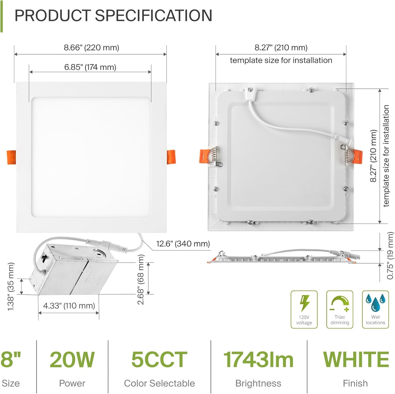 Replacement Square Led Light Panel UGUCYUI-1 Pack LED Square Recessed Lighting 8 Inch, 5 CCT 2700K-5000K ...