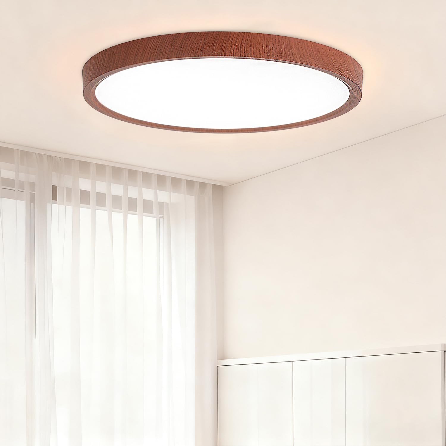 UGUCYUI-12 Inch LED Wood Grain Flush Mount Ceiling Light Fixture, Modern 22W Round Flat Overhead Dimmable 3000K-4000K-6000K Selectable Ceiling lamp for Bedroom, Living Room, Kitchen, Entryway