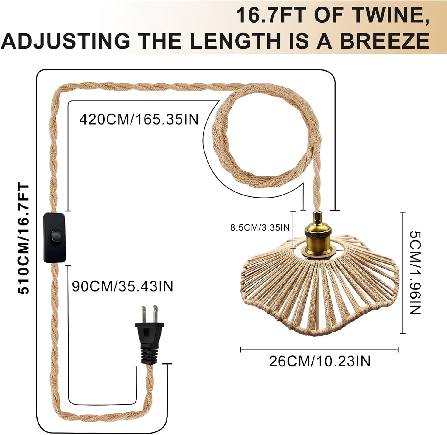 UGUCYUI-16.7ft Plug in Pendant Light, Hemp Rope Hanging Light Fixture ...