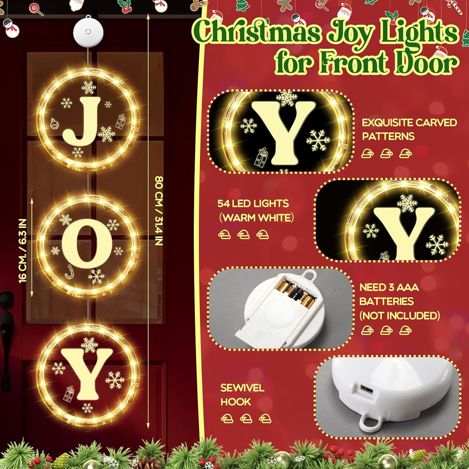 UGUCYUI-3 in 1 Joy Christmas Lights for Front Door, 6.3 Inch Christmas ...