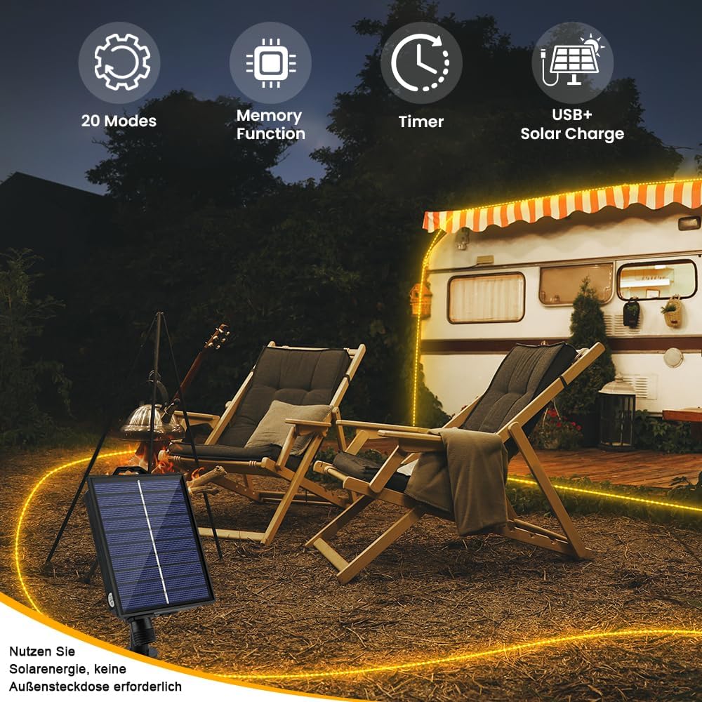 Chargeable Rope Light UGUCYUI-50ft 600 LEDs Solar Rope Lights, USB Charging, 20 Lighting ...