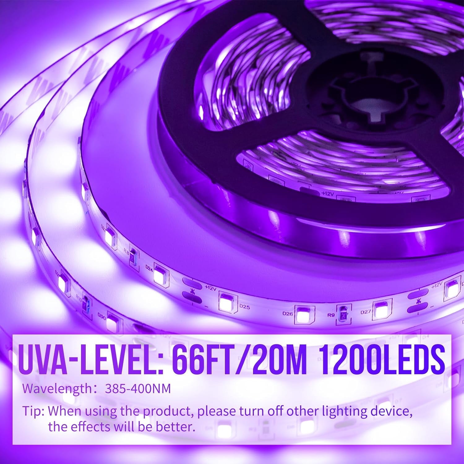 SHGPODA 50ft LED Black Light Strip – 900 LEDs, 385-400nm, 12V, Non-Waterproof, Perfect For Glow Parties, Halloween & Decor