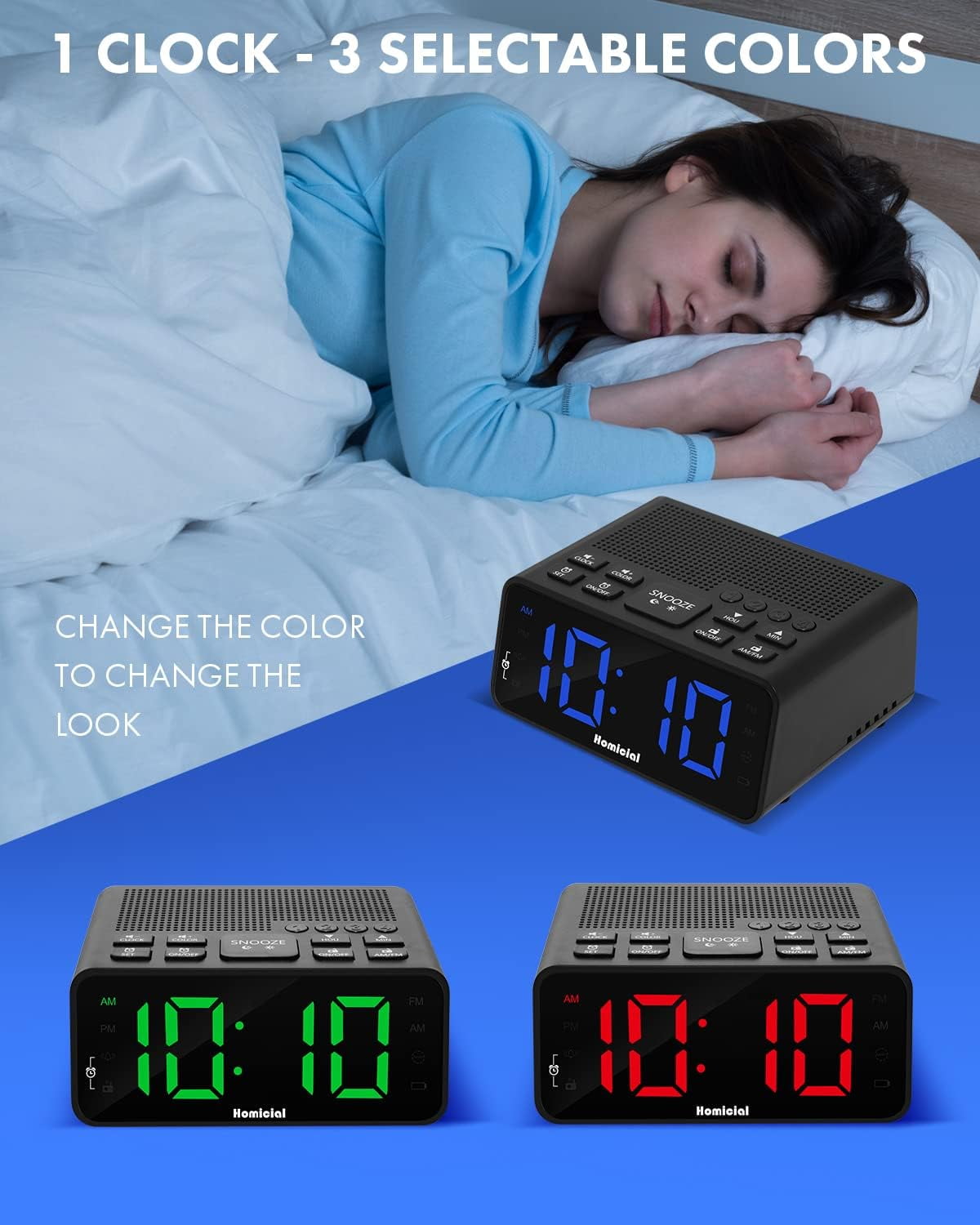 UGUCYUI-Digital Alarm Clock Radio with AM/FM Radio, Multi-Colors 1.4 ...