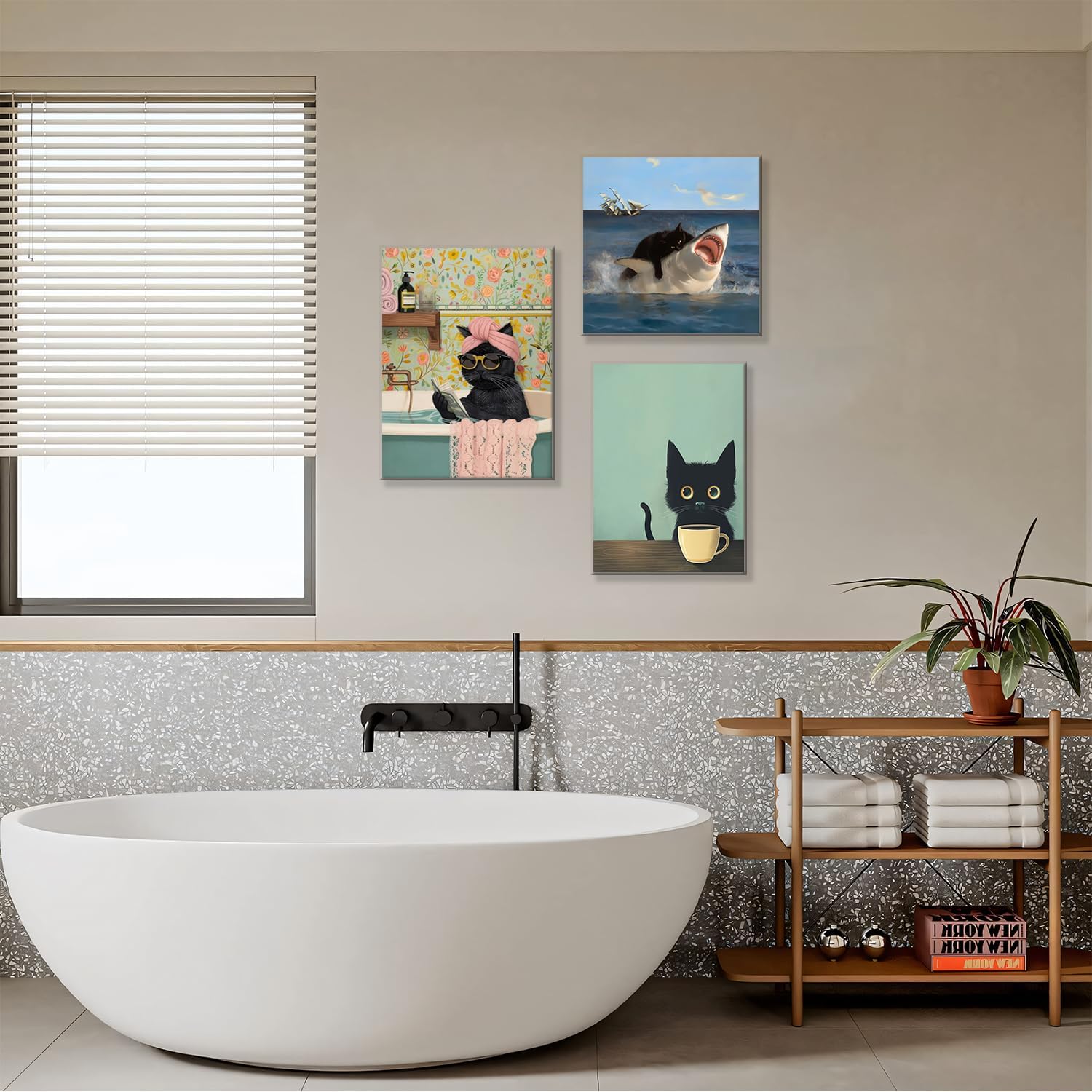 UGUCYUI-Funny Black Cat Bathroom Canvas Bathroom Wall Art Framed Cute ...