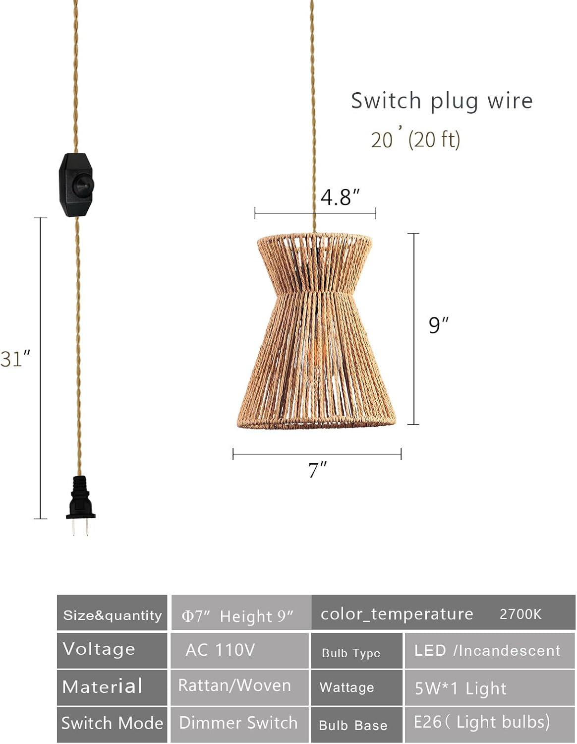 UGUCYUI-Hanging Lamps That Plug Into Wall Outlet Woven Rattan Lamp ...