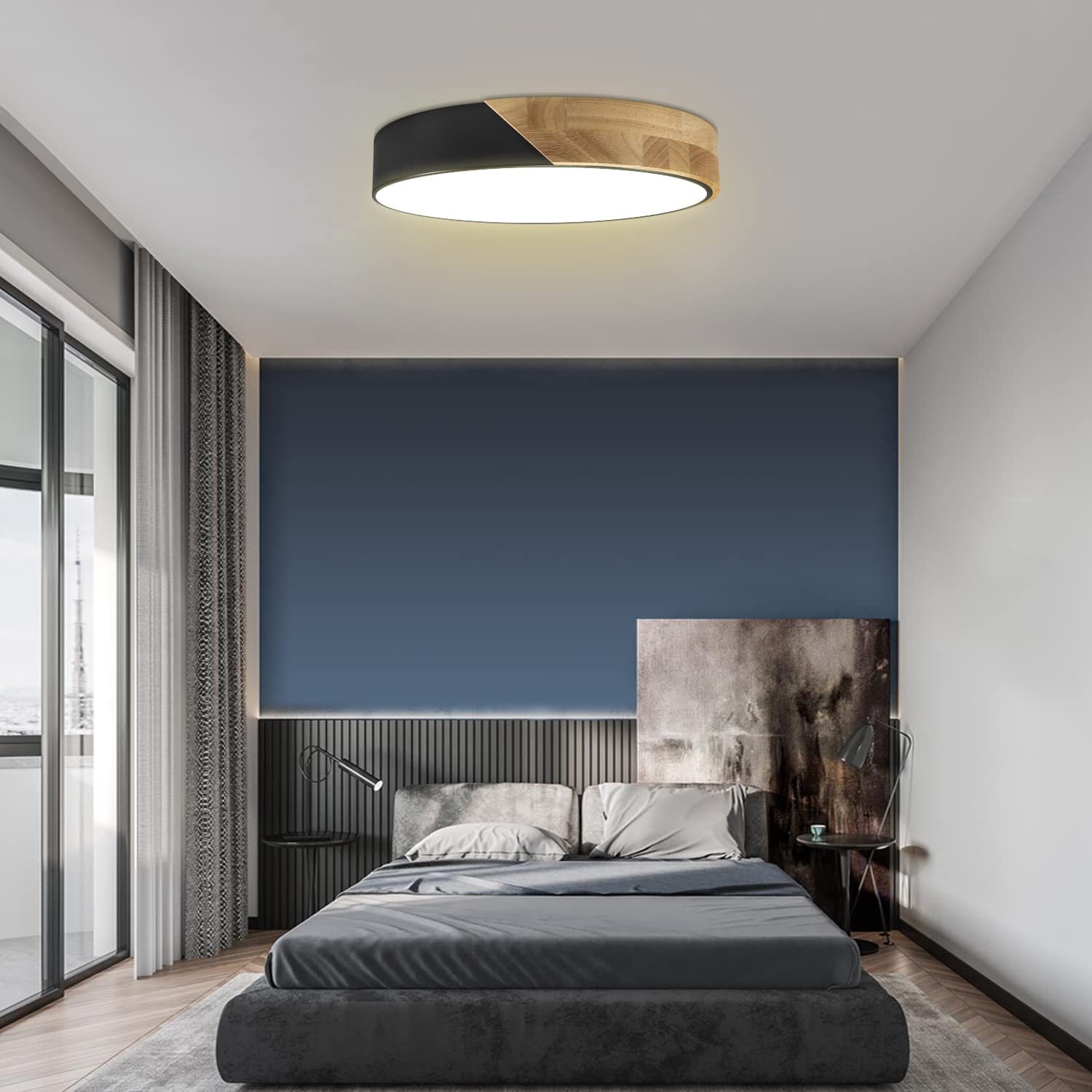 UGUCYUI-Led Ceiling Light Flush Mount: 12 Inch 24W Bedroom Light Fixture with Round Wood Modern Black Flat Overhead Minimalist Ceiling Lamps for Kitchen Hallway Laundry Warm White 3000K, Not Dimmable