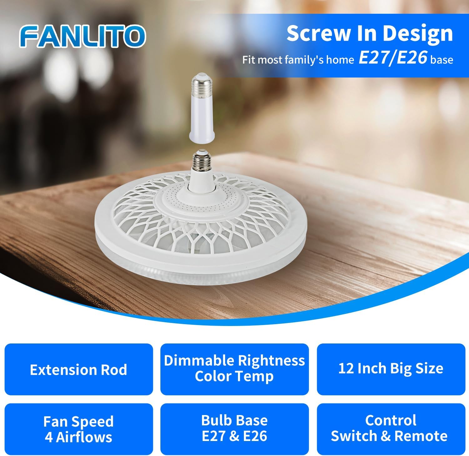 Light Socket Fan UGUCYUI-Light Socket Fan with Remote 12”, Screw in Socket Fan Light ...