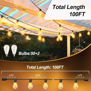 100FT Outdoor String Lights With 52 Shatterproof LED Bulbs - UL Certified Dimmable Patio Lights 2700K Warm White
