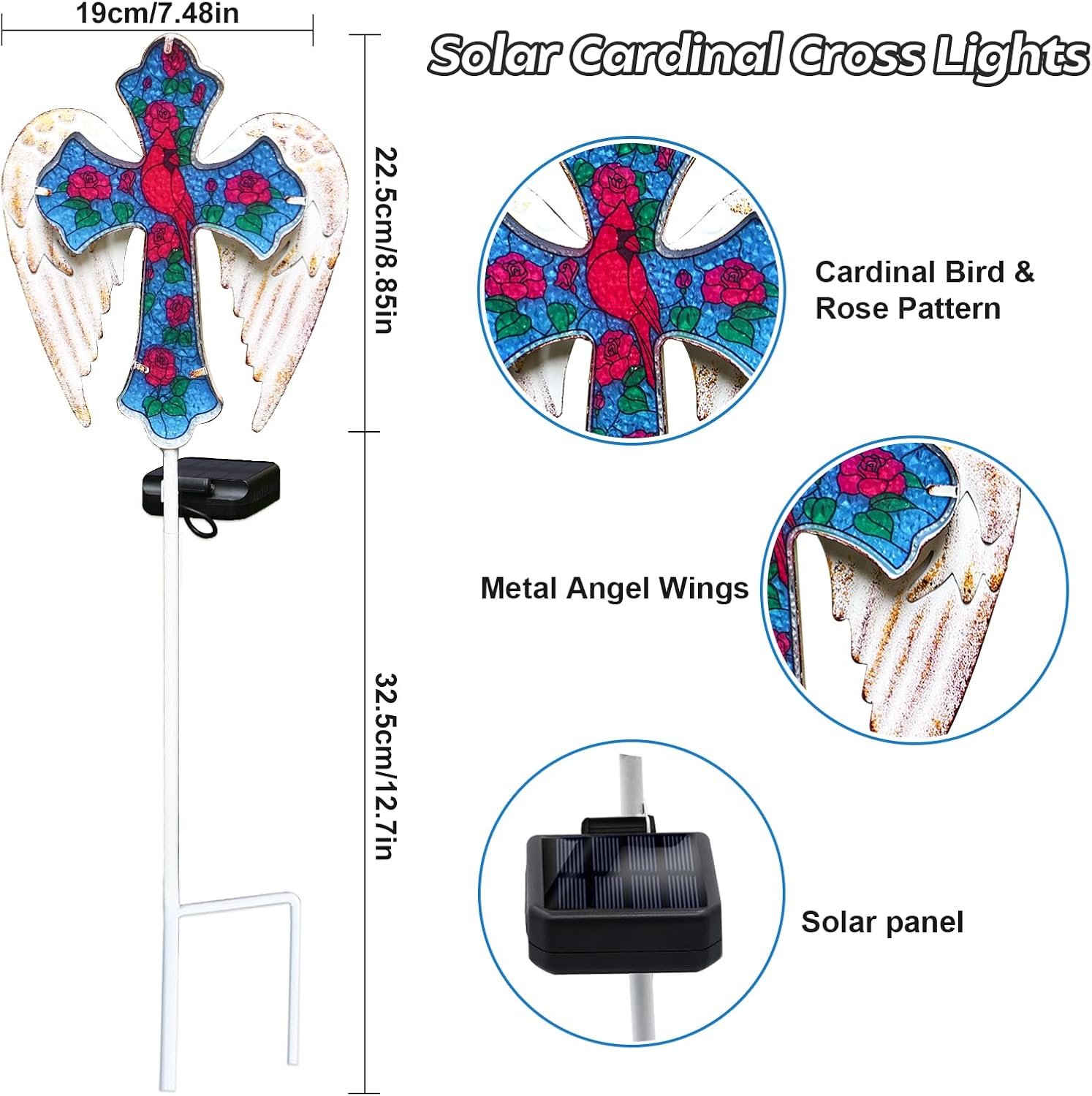 16 Inch Solar Cross Garden Stake Light With Flower - Memorial & Grave Decoration With LEDs