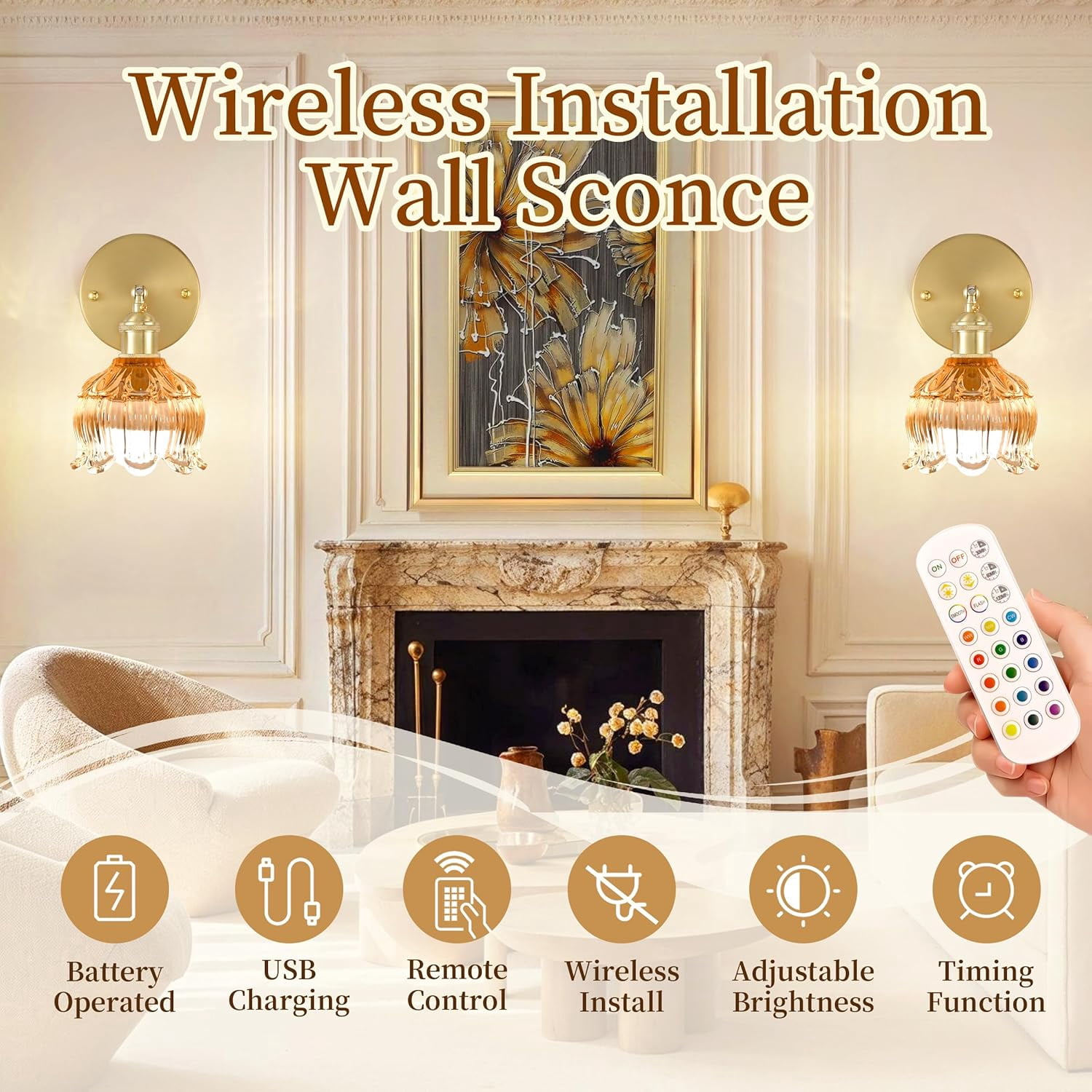 UGUCYUI-Vintage Battery Wall Sconce with Flower lampshade,Rechargeable
