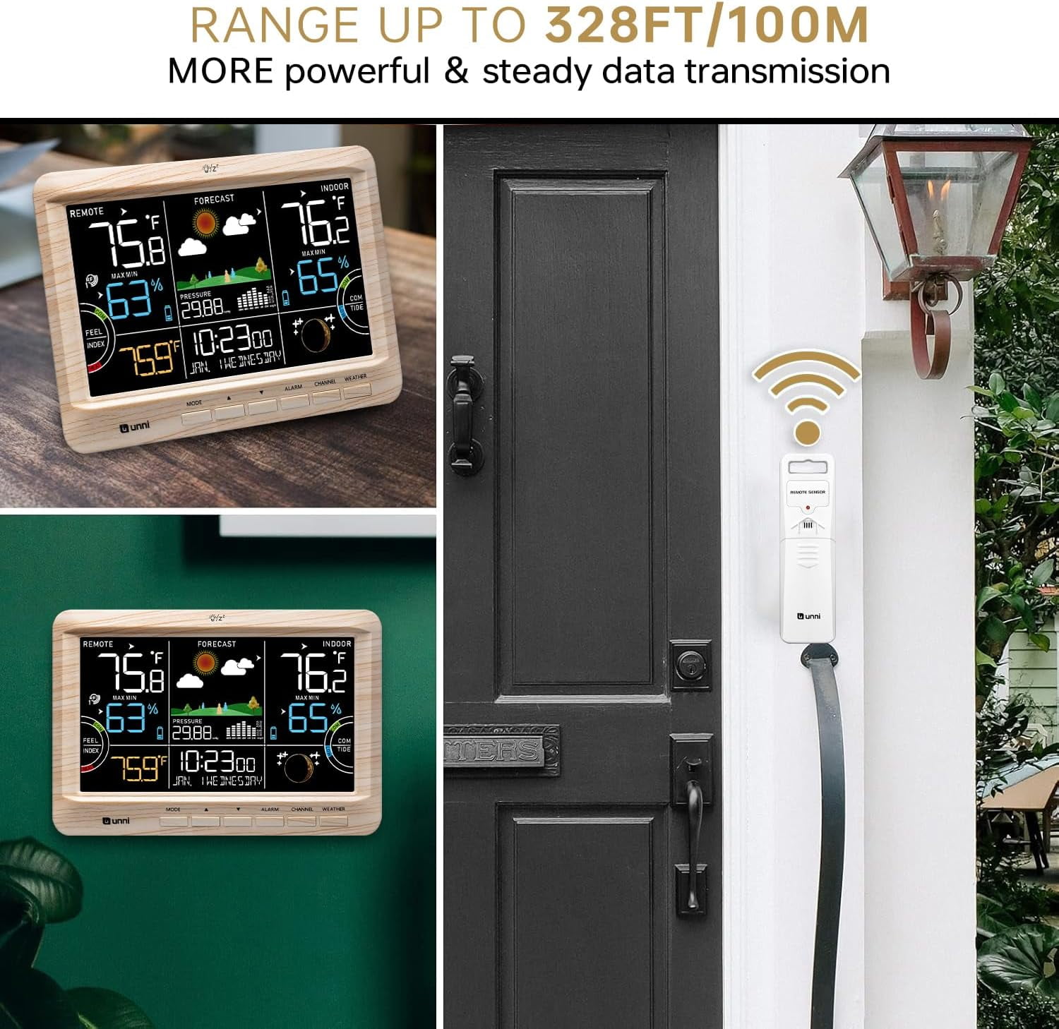 UGUCYUI-Weather Station Indoor Outdoor Thermometer Wireless, Home Atomic Clock with Large Constant Display, Inside Outside Temperature Humidity Monitor, Dew Heat Point, Barometer Wood