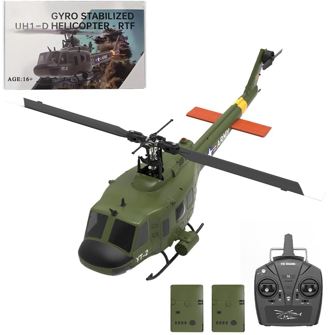 UH-1D RC Helicopter for Adults - 1/34 Scale 2.4G 6CH Brushless Flybarless Model with 6-Axis Gyro (Includes 2 Batteries) - Perfect for Hobbyists and Collectors
