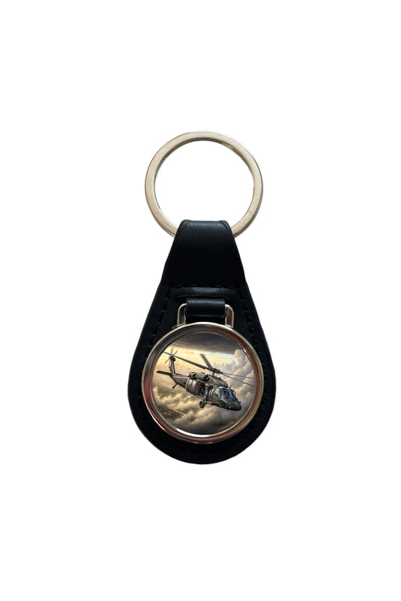 UH-60 Black Hawk US Helicopter Metal Black Leather Keychain