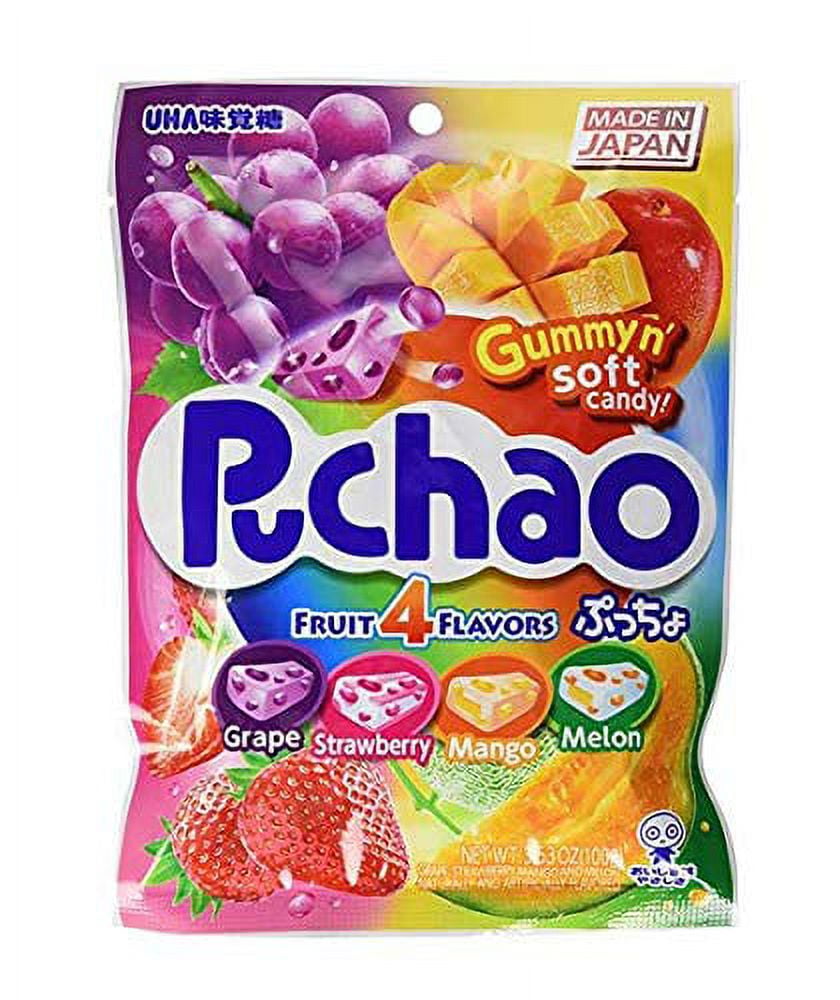UHA Mikakuto Puchao Soft Candy with Gummy Bits, 4 Fruit Flavors, 3.53 oz ( Pack of 4)