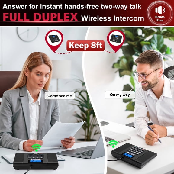 UHAXZ Wireless Full Duplex Intercom 1400ft Range, Hands-Free Talk, Expandable to 18 Stations, Group Call & Auto Answer. Ideal for Home/Biz. (2 Pcs)