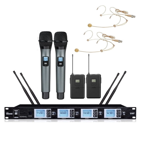 UHF 4 Channel Wireless Microphone System with Cordless Handheld & Headset Mics,Ideal for Karaoke Church Party
