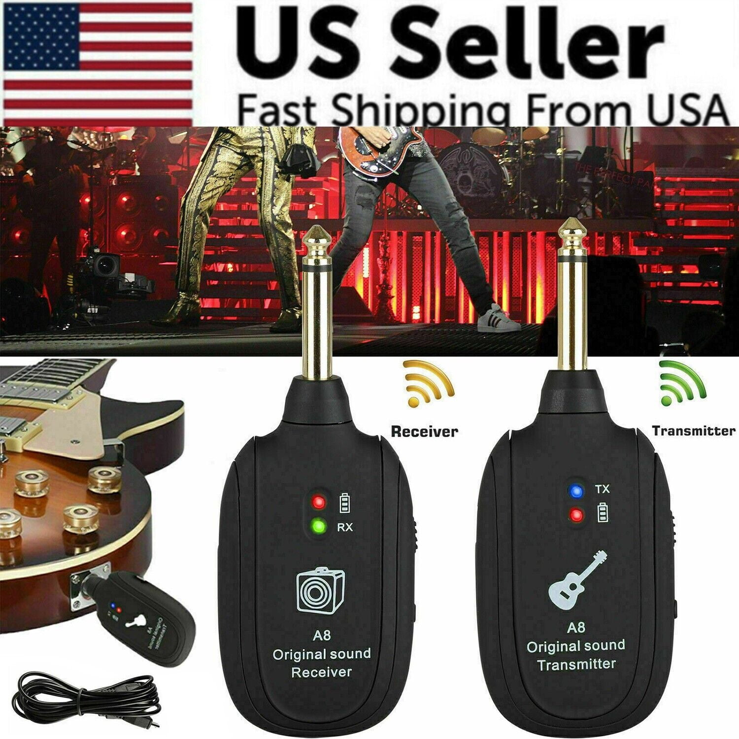 UHF Guitar Wireless System Transmitter+Receiver Built In Rechargeable