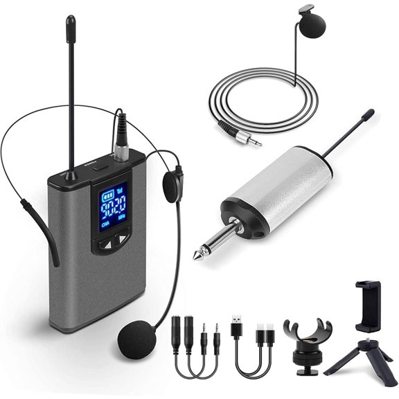 UHF Headset Microphone/Lavalier Lapel Mic with Bodypack Transmitter and Mini Rechargeable Receiver 1/4" Output for Vlogging or Speech
