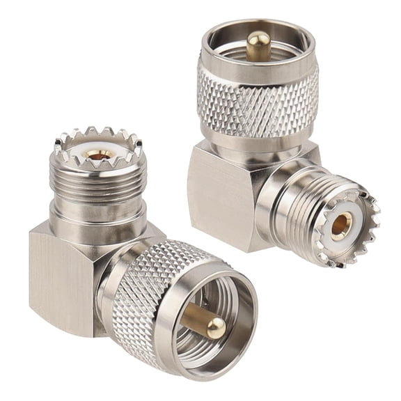 UHF Male to UHF Female Right Angle Adapter (2-Pack) – 90 Degree PL-259 to SO-239 Connector, RF Coax Elbow Adapter 50 Ohm Impedance for CB/Ham Radio, Antennas
