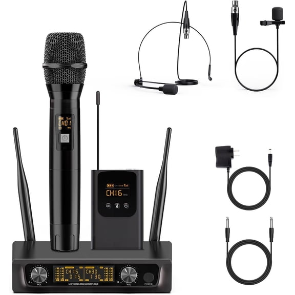 UHF  Microphone System Set: Metal Cordless Handheld/Headset/Lavalier Lapel Mics, Bodypack Transmitter, Receiver - 2*15 Channels 200ft Range for Church, Karaoke Singing, DJ, Wedding, Speech