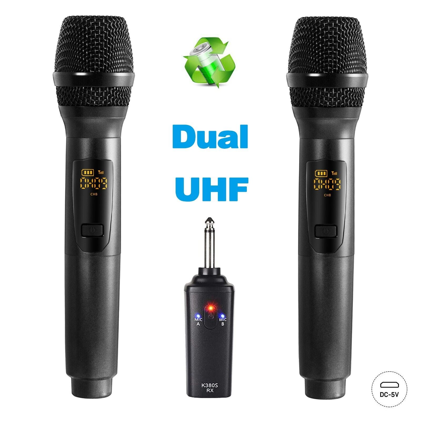 UHF Rechargeable Wireless Dual Handheld Dynamic Mic System Set 10 Channels with Rechargeable Receiver - Professional Cordless Microphone for Karaoke