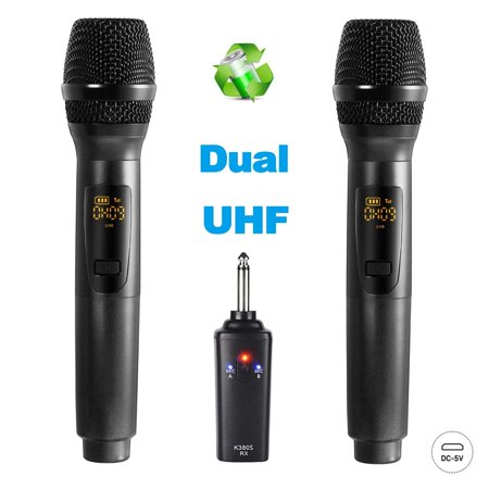 UHF Rechargeable Wireless Dual Handheld Dynamic Mic System Set 10 Channels with Rechargeable Receiver - Professional Cordless Microphone for Karaoke