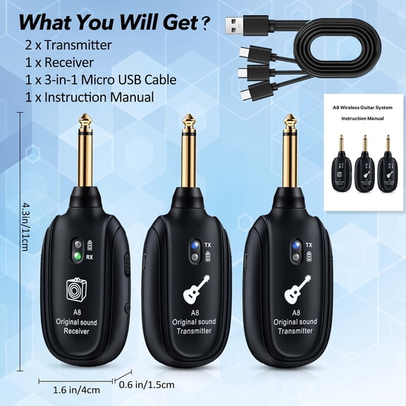 UHF Wireless Audio System, Plug & Play, 100ft Range, Noise-Free for Guitar Bass Violin Keyboard, 2 Transmitters & Receiver, Durable Performance Gear