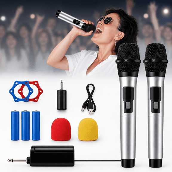 UHF Wireless Microphone System Dual Handheld Rechargeable Karaoke Mic Kit With Receiver Noise Reduction 1/4 Inch Adapter For PA Speaker Amplifier Karaoke Party Singing Events