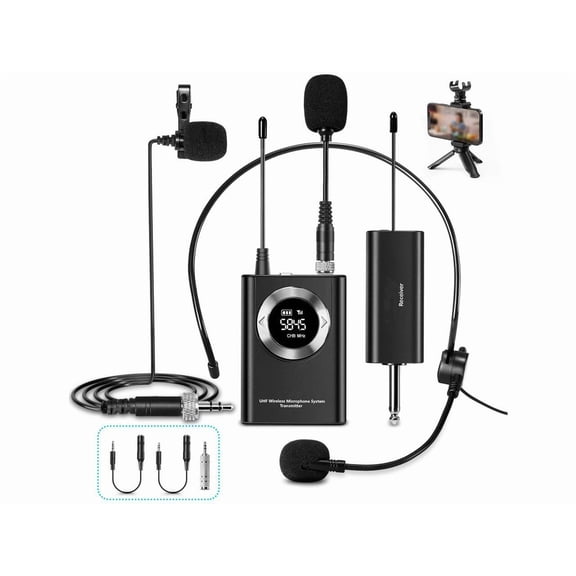 UHF Wireless Microphone System Lavalier Mic/Headset Mic/Handheld Mic,165ft Range, Rechargeable Transmitter Receiver, for iphone, Smart phone, AMP, PC, Camera, Vlogging, Recording