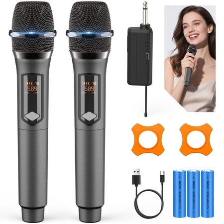 GCZ Rechargeable Wireless Microphones for Karaoke Singing, Wedding, DJ, Party, Speech, Church, Class Use,PA System, Gray