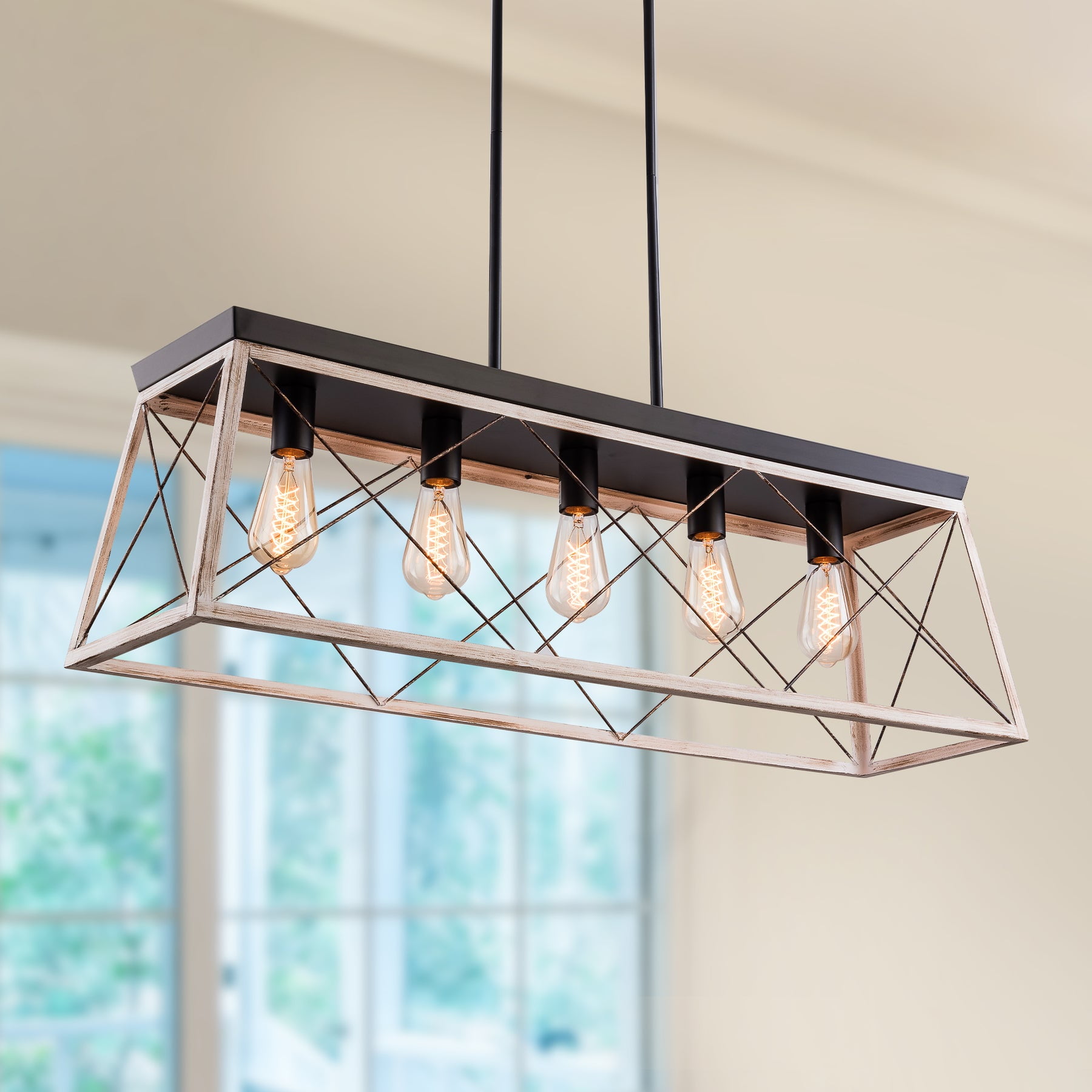 UHG 5-Light Farmhouse Chandelier for Kitchen Island, Rustic Rectangular Flush Mount Ceiling Light Fixture for Living&Dining Room, Height Adjustable Metal Pendant Lighting for Bedroom Hallway
