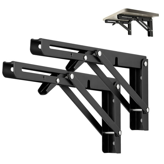 UHIAGREE 2 pack Folding Shelf Brackets,Black Stainless Steel Heavy Duty Shelf L Bracket with Screws