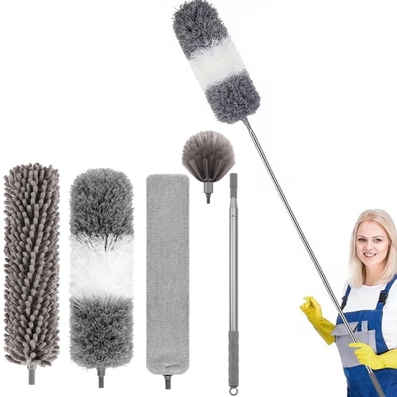 UHIAGREE Microfiber Feather Duster,5 Pcs 100'' Extendable Long Ceiling Fan Dusters for Cleaning,Gray