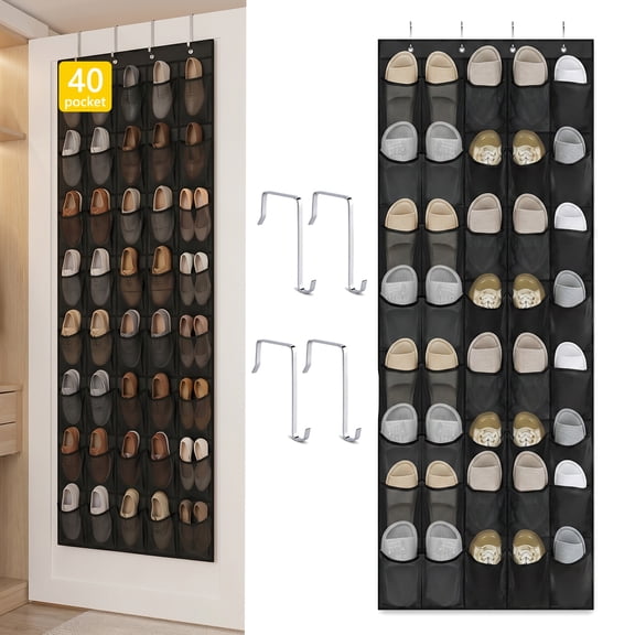 UHIAGREE Over the Door Shoe Organizer,Hanging Shoe Rack with 40 Large Breathable Mesh Pockets(Black)