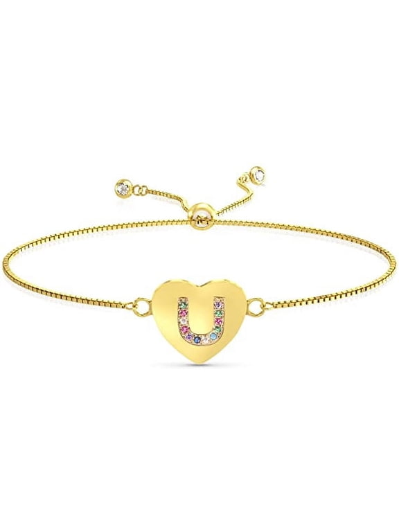 Heart Initial Bracelet for Women, 14K Gold Plated Love Heart Charm Monogram Bracelet , Dainty A to Z Letter Initial Bracelet for Teen Girls