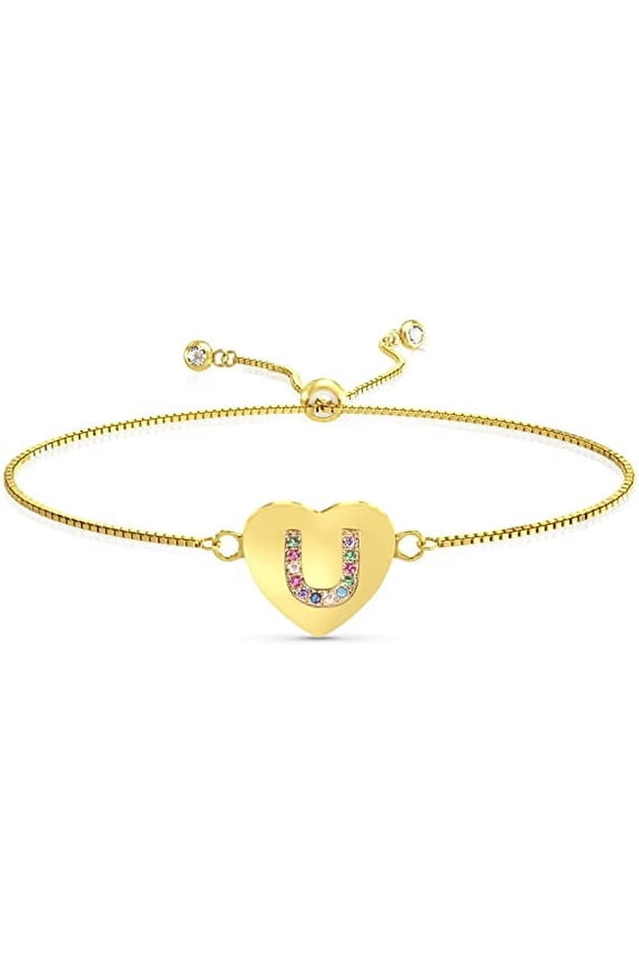 Heart Initial Bracelet for Women, 14K Gold Plated Love Heart Charm Monogram Bracelet , Dainty A to Z Letter Initial Bracelet for Teen Girls