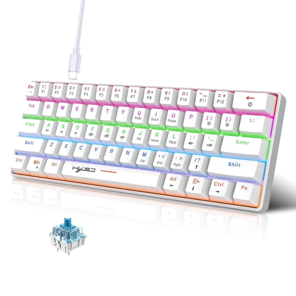 UHM 60% Wired Mechanical Gaming Keyboard,RGB Backlit Mini Keyboard with Blue Switch/Multimedia Keys,Waterproof Small Ultra-Compact 61 Keys Keyboard for PC/Mac Gamer,Typist,Travel,White