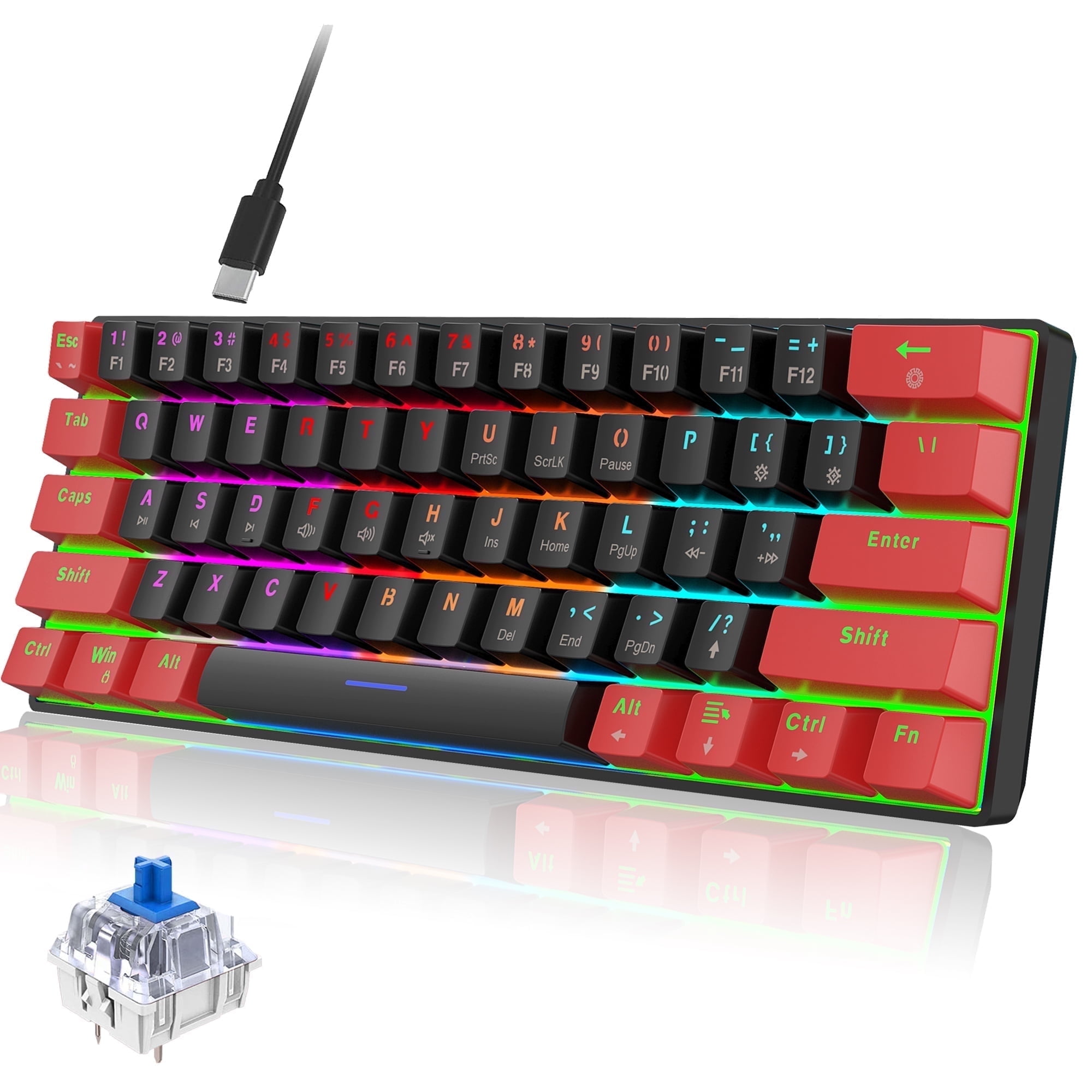 UHM 60% Wired Mechanical Gaming Keyboard,RGB Backlit Mini Keyboard with Blue Switch/Multimedia Keys,Waterproof Small Ultra-Compact 61 Keys Keyboard for PC/Mac Gamer,Typist,Travel,Red&Black