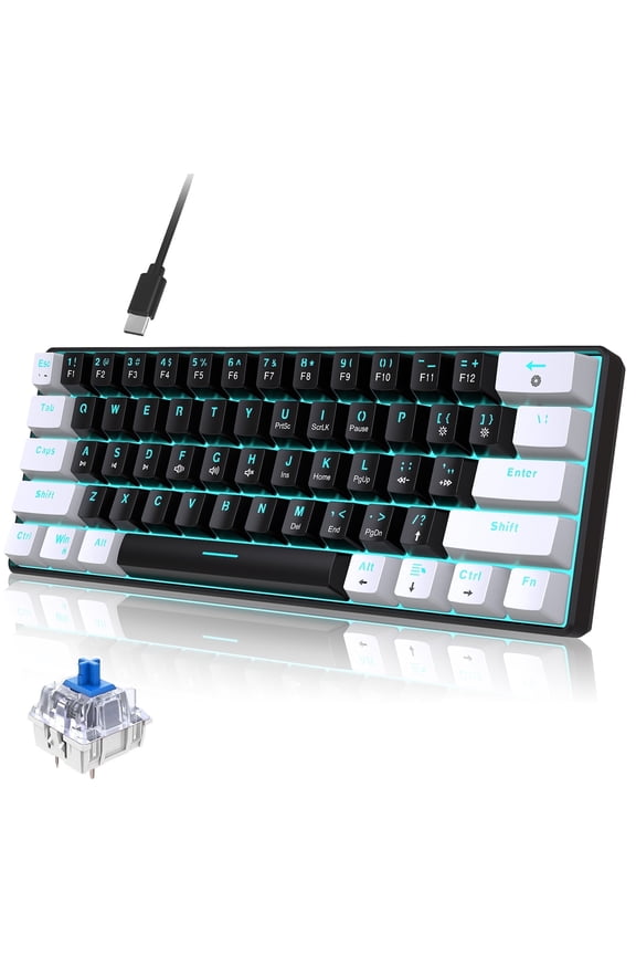 60% Wired Mechanical Gaming Keyboard,RGB Backlit Mini Keyboard with Blue Switch/Multimedia Keys,Waterproof Small Ultra-Compact 61 Keys Keyboard for PC/Mac Gamer,Typist,Travel,Black&White