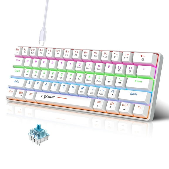 UHM 60% Wired Mechanical Gaming Keyboard,RGB Backlit Mini Keyboard with Blue Switch/Multimedia Keys,Waterproof Small Ultra-Compact 61 Keys Keyboard for PC/Mac Gamer,Typist,Travel,White