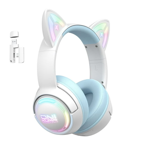 Cat Ear Wireless Gaming Headset for PS5/PC/PS4/Phone/Nintendo Switch,Over Ear 2.4G/Bluetooth Gaming Headphones with HD Biult-in Mic,Lightweight,Ultra-low Latency,RGB,Blue
