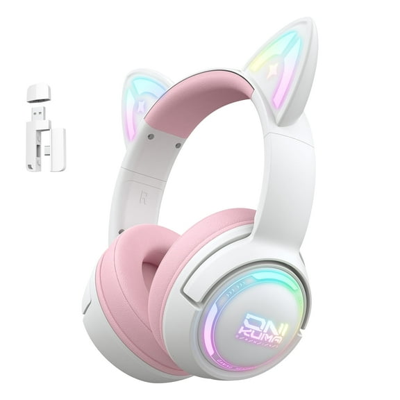 UHM Cat Ear Wireless Gaming Headset for Phone/PC/PS4/PS5/ Nintendo Switch,2.4G/Bluetooth Headphones with HD biult-in Mic, RGB Rainbow Lighting,Lightweight&Ultra-low Latency