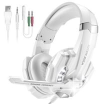UHM Gaming Headset Wired for PS4 PS5 PC Xbox One Controller, Noise Cancelling Over Ear Headphones with Mic, LED Light, Bass Surround, Soft Memory Earmuffs for Laptop Mac, White